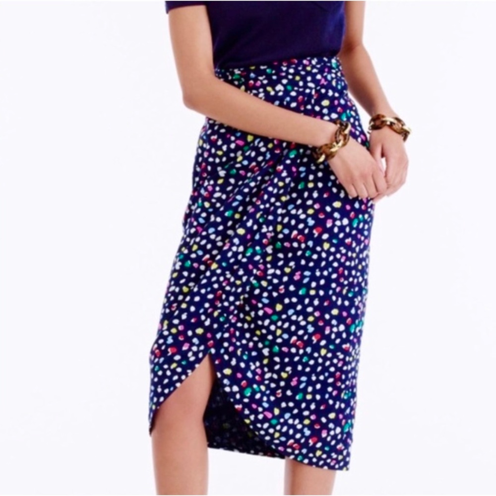 J. Crew | Navy Blue Multi Confetti Ratti Happy Cat Print Faux Wrap Tulip Skirt